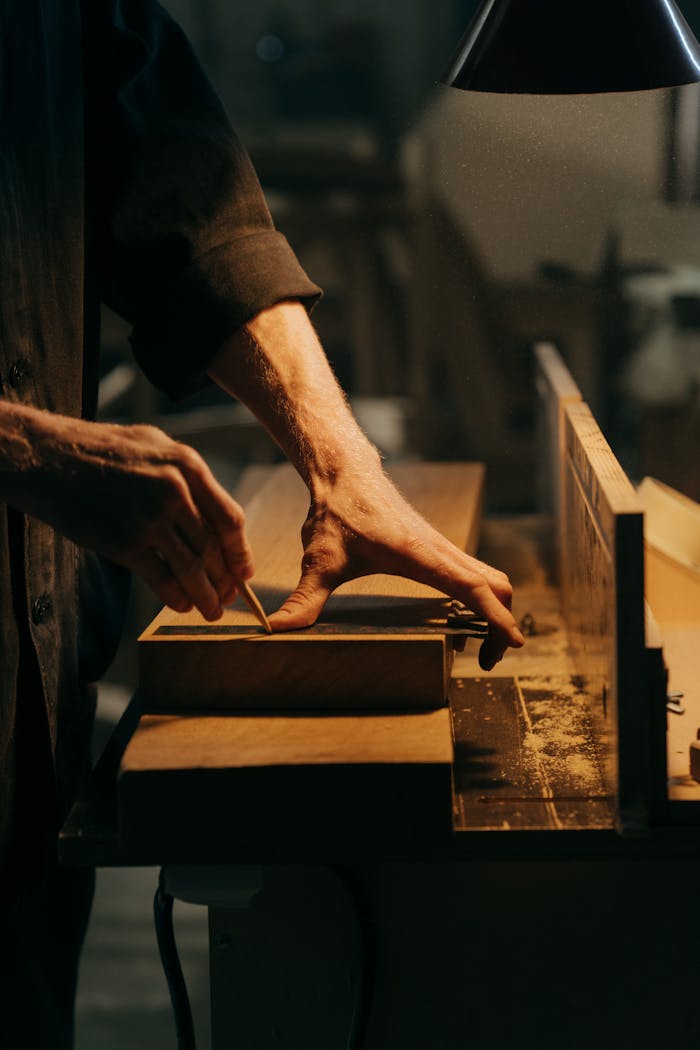 services-img A craftsman skillfully sanding a wooden plank in a well-lit workshop.